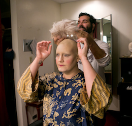 Met makeup artist Jimmy Cortés fitting a wig on Elza van den Heever <br>Photo by Sara Krulwich/<em>The New York Times</em>