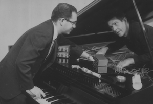 The author and John Cage preparing for Variations 2, 3, and 4