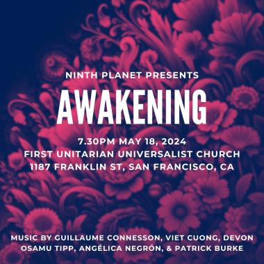"AWAKENING" in white text with pink flowers on a dark background