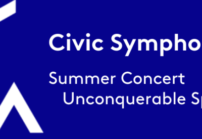 dark blue banner with text that reads SFCMA Civic Symphony summer concert Unconquerable Spirits