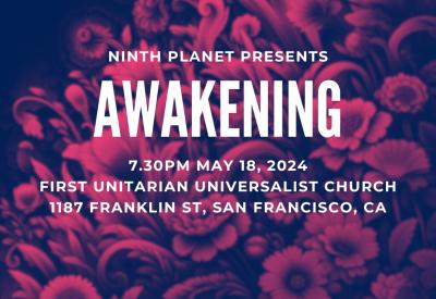 "AWAKENING" in white text with pink flowers on a dark background