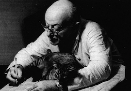 Henry Cowell with Colin McPhee's cat, early 1960s 