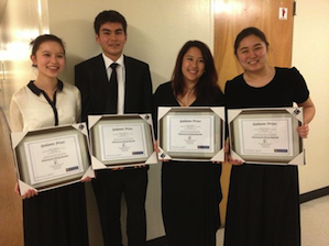 The Chiaroscuro Quartet, showing off their Galante Prize certificates 