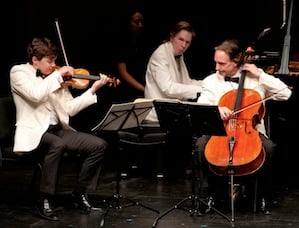 Benjamin Beilman, Juho Pohjonen, and David Finckel performing the Mozart Trio 