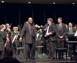 Maestro Asher Raboy, shown above on stage with pianist Leon Bates, left, conducts his final concert as music director of the Napa Valley Symphony on May 16, 2010.