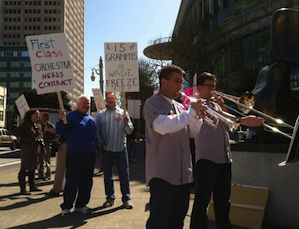 Striking musicians Mark Inouye and Tim Higgins lead the march 