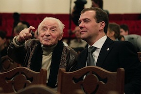 Yuri Grigorovich at the 2011 reopening of the Bolshoi Theater, with Dmitry Medvedev, who is either president or prime minister of Russia, depending on what Putin is not