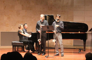 ZOFO (on piano) and Sqwonk (on bass clarinets) pair up pairs at Music Day. photo by Jeff Kaliss