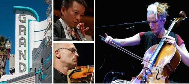 Promotional image for the Open String Grant Concert, featuring Amos Yang, Gilles Colliard, Zoë Keating and others.
