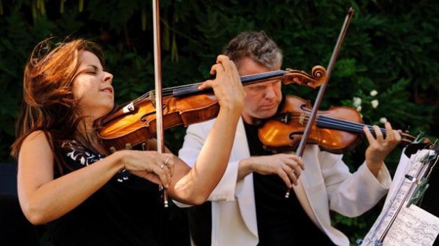 Simin Ganatra, first violin, and Sibbi Bernhardsson, second violin, of the Pacifica Quartet performing for Music in the Vineyards