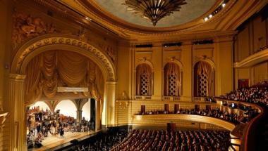 The interior of the War Memorial Opera House during a live production.