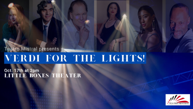 Concert title and photos of performers with theater lights in the background