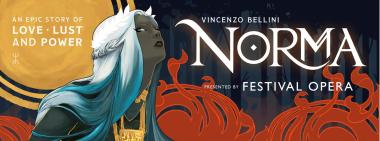 Norma opera graphic with moon, flames, and forest.