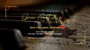 piano, sheet music and text about the event with a spanish dance in silhouette