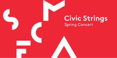 red banner with white text reading: Civic Strings Spring Concert