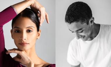 Two headshots of Karina González (a brown skinned woman with her dark hair pulled back, with her left hand under her chin and her right draped over her head, wearing a magenta 3/4 sleeve length tee) and Harper Watters (a dark skinned man wearing a white tee smiling and looking down).