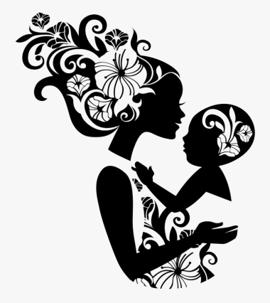 black & white silhouette of mother holding child