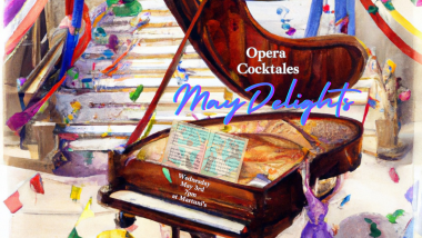 whimsical watercolor.  Grand piano with sweeping staircase behind with May pole streamers and info.