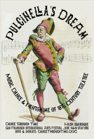 Pulcinella stands in red and green costume leaning on a cane while staring mischievously into the camera