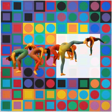 Brightly clad dancers superimposed on Victor Vasarely's Op art piece "Planetary Folklore: Participations"