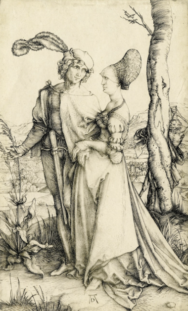 Medieval man and woman in garden