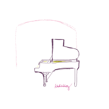 Sketch of an open grand piano under and archway