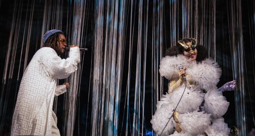 Björk and serpentwithfeet on stage at the Chase Center