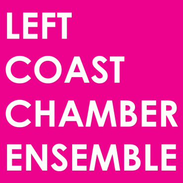 Left Coast Chamber Ensemble Logo; text (in white) is vertically stacked against a magenta background