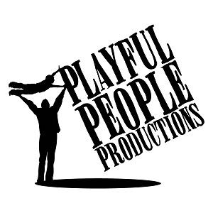 An adult holding a child aloft with the words Playful People Productions