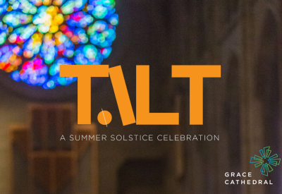 TILT logo overlaid on image of Grace Cathedral's rose window.