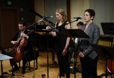 A photograph of Ninth Planet performers Evan Khan, cello; Margaret Halbig, piano; Amy Foote, soprano; Giacomo Fiore, guitar; and Ann Moss, soprano