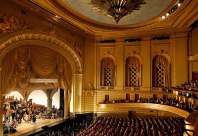 The interior of the War Memorial Opera House during a live production.
