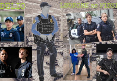 Pictured is a series of photos of police officers in uniform. These images surround a costume sketch by Jessica Jahn for the character of Fidelio in the 2021 production of Fidelio at San Francisco Opera.. 