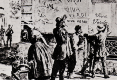 A sepia image of townspeople gathered in a town square, standing before a wall with 'Viva Verdi' written on it several times.