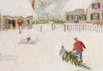 Snowy landscape with homes and Christmas tree