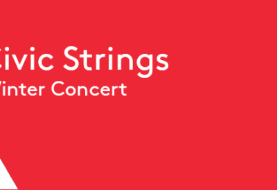 red banner with white text reading: Civic Strings Winter Concert