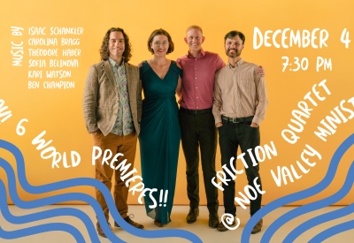The members of Friction Quartet pose in front of a bright background. Information about their Dec. 4 event is included on the picture.