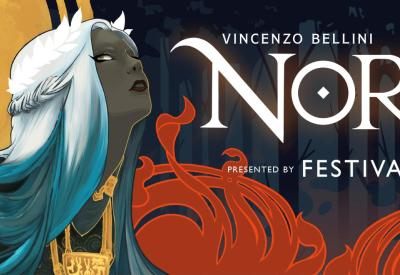 Norma opera graphic with moon, flames, and forest.