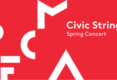 red banner with white text reading: Civic Strings Spring Concert