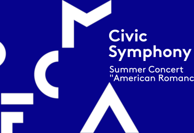 dark blue banner reading "Civic Symphony summer concert American Romance"