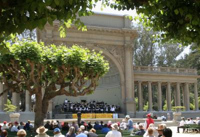 Photo of band playing in the Spreckels Temple of Music at the FOGGPB Festival, image provided by Miguel Izurieta of musicalimages.org