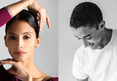 Two headshots of Karina González (a brown skinned woman with her dark hair pulled back, with her left hand under her chin and her right draped over her head, wearing a magenta 3/4 sleeve length tee) and Harper Watters (a dark skinned man wearing a white tee smiling and looking down).