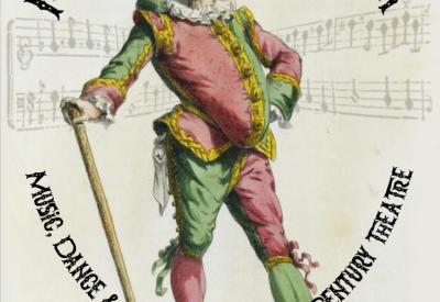 Pulcinella stands in red and green costume leaning on a cane while staring mischievously into the camera