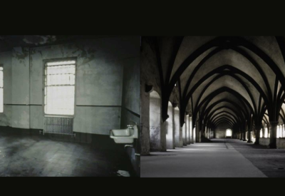photo of empty room in Alcatraz prison and photo of colonnade in Eberbach monastery