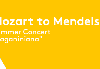 yellow banner reading Mozart to Mendelssohn Summer Concert "Paganiniana"