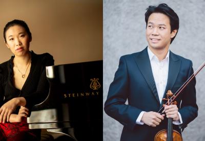 L: Hilda Huang seated at a piano, R: Nikki Chooi holding a violin