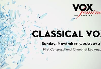 Blue glass shattering with the text: Classical VOX, Sunday, November 5, 2023 at 4PM, First Congregational Church of Los Angeles