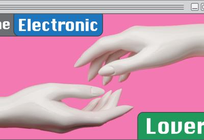 A picture of a computer screen with two hands reaching on a pink background with the title of the opera : The Electronic Lover