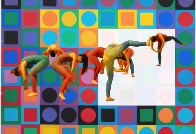 Brightly clad dancers superimposed on Victor Vasarely's Op art piece "Planetary Folklore: Participations"