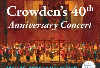 Crowden's 40th Anniversary Concert is May 25, 2024 at Hertz Hall (text placed over a watercolor painting of Hertz Hall)